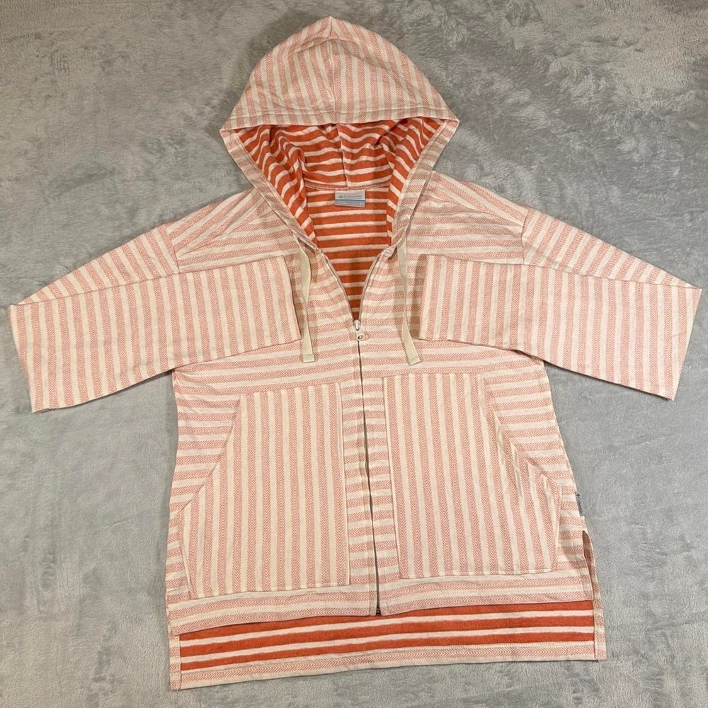 Vintage Columbia Hooded Full Zip Jacket | Pink & Cream Striped | Small